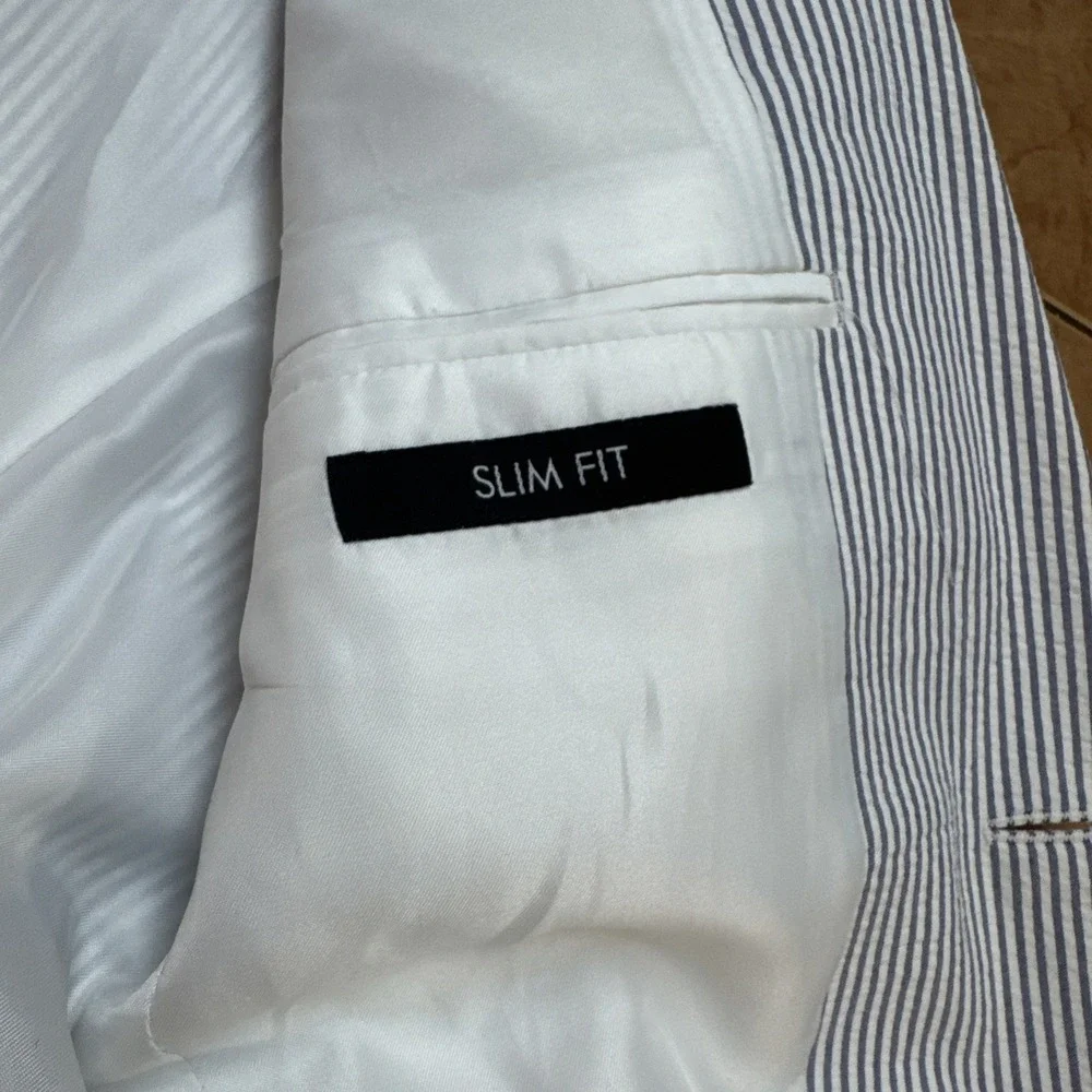 Jos A Bank Sz 36S Slim Fit Seersucker Sport Coat Blue White Cotton Blazer Jacket